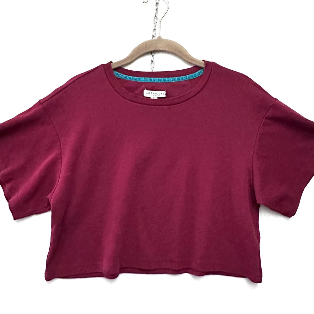 Earthbound Trading S Burgundy Cotton Boxy Crop Top Peace Sign Logo Small